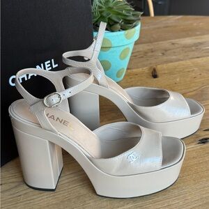 CHANEL Cream Platform Sandals with Ankle Strap